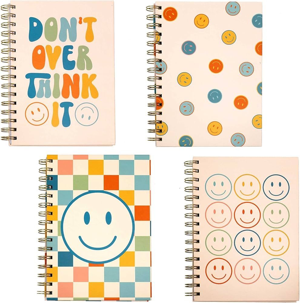 Cute Notebooks for School 4 Pack, Happy Face Hardcover Notebooks for Work, Retro Aesthetic Notebo... | Amazon (US)