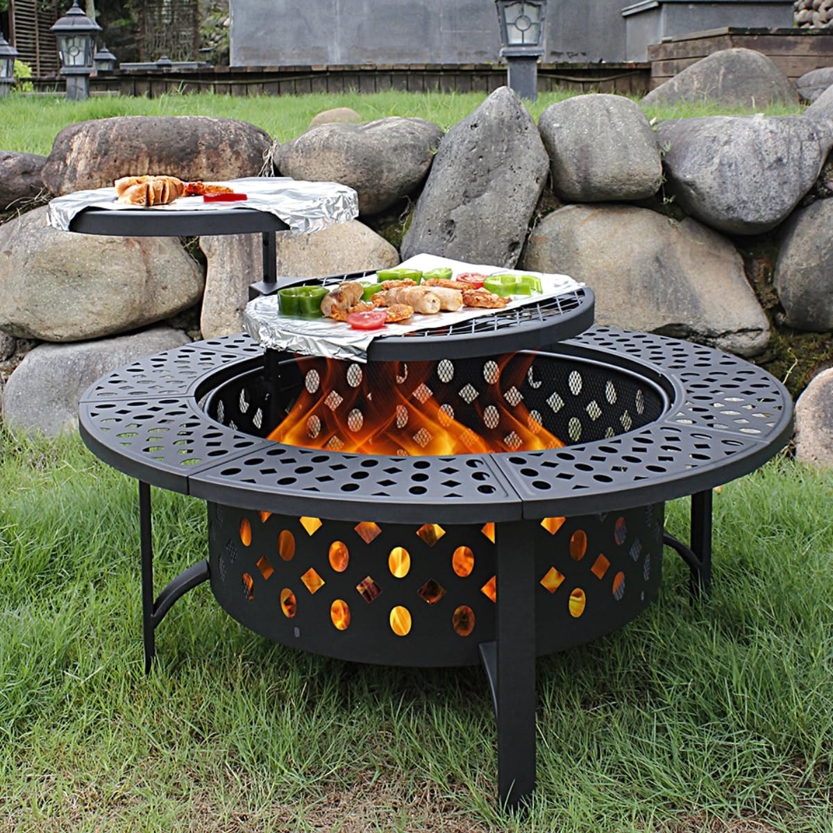 OutVue 36 Inch Fire Pit with 2 Grills, Wood Burning Fire Pits for Outside with Lid, Poker and Rou... | Amazon (US)