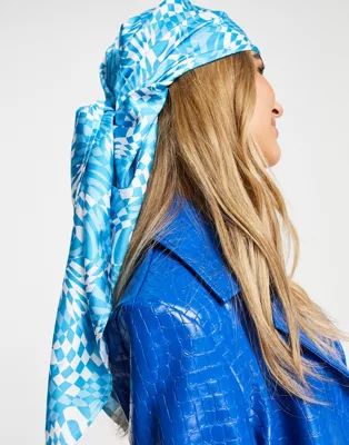 ASOS DESIGN recycled polysatin large headscarf in checkerboard in blue | ASOS (Global)