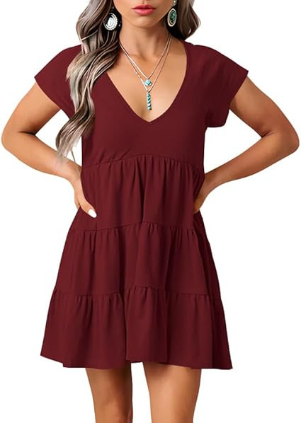 Women's Casual Summer Dress Sexy V Neck Short Sleeve Flowy Ruffle 2024 Trendy Short Mini Dresses | Amazon (US)