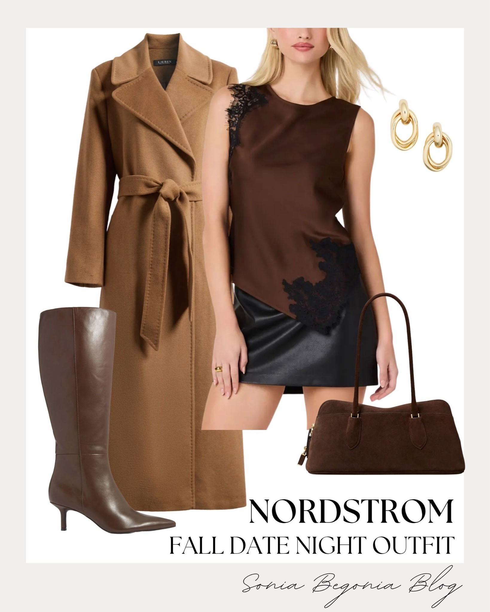 Chic fall date night inspo! 🍂 I styled a rich chocolate brown lace-trimmed asymmetrical top with a sleek black leather mini skirt, layered under a classic camel tie-waist coat.
I completed the ensemble with dark brown leather knee-high boots, a matching suede shoulder bag, and gold hoop earrings. ✨