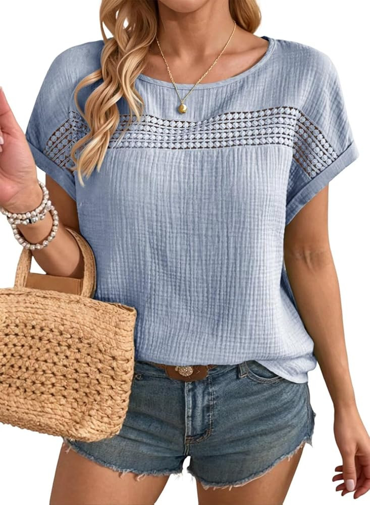 Dokotoo Womens Summer Tops 2026 Crewneck Short Sleeve Hollow Out T-Shirts Casual Loose Solid Colo... | Amazon (US)