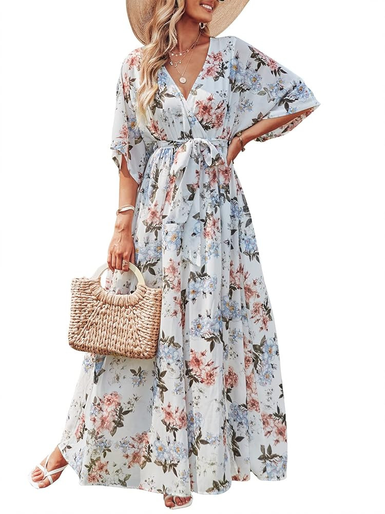 ANRABESS Women’s Summer Loose Boho Flowy Wrap V Neck 3/4 Sleeve Floral Print Slit Beach Wedding... | Amazon (US)