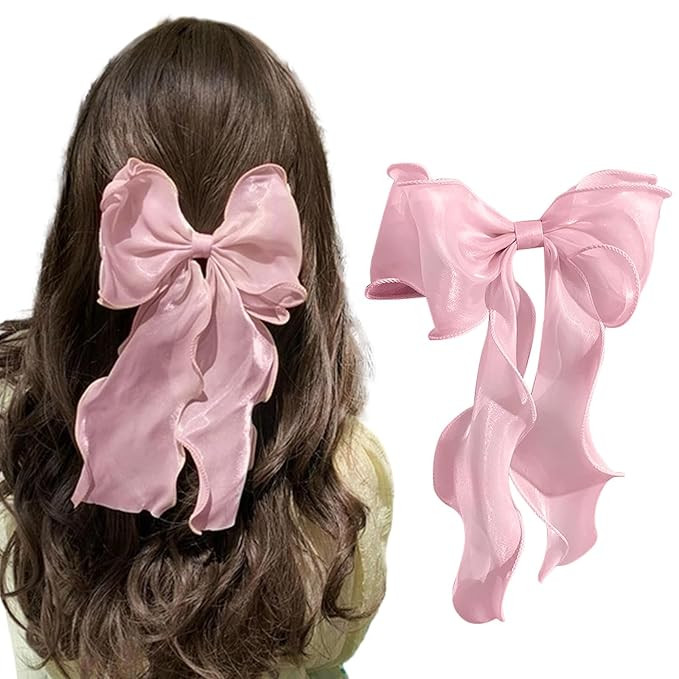 Paderison Hair Bow for Women Girls Silk Hair Bow Clip Pink Ribbon Bows Big Bow Hair Clips Solid C... | Amazon (US)