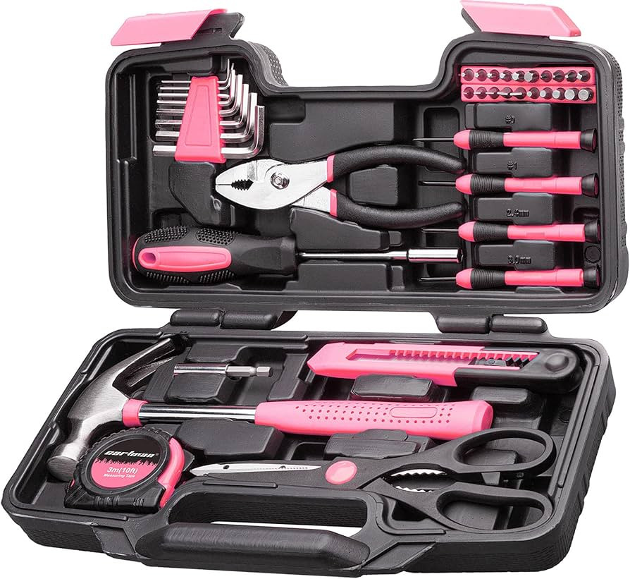 Cartman 39Piece Tool Set General Household Hand Tool Kit with Plastic Toolbox Storage Case Pink | Amazon (US)