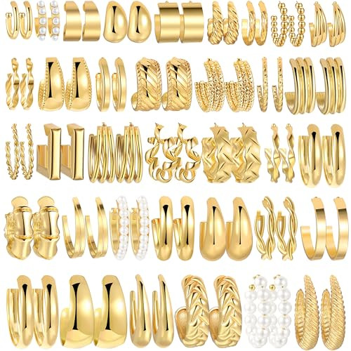 Amazon.com: 36 Pairs Gold Hoop Earrings Set for Women, Fashion Chunky Gold Hoop Earrings Multipac... | Amazon (US)