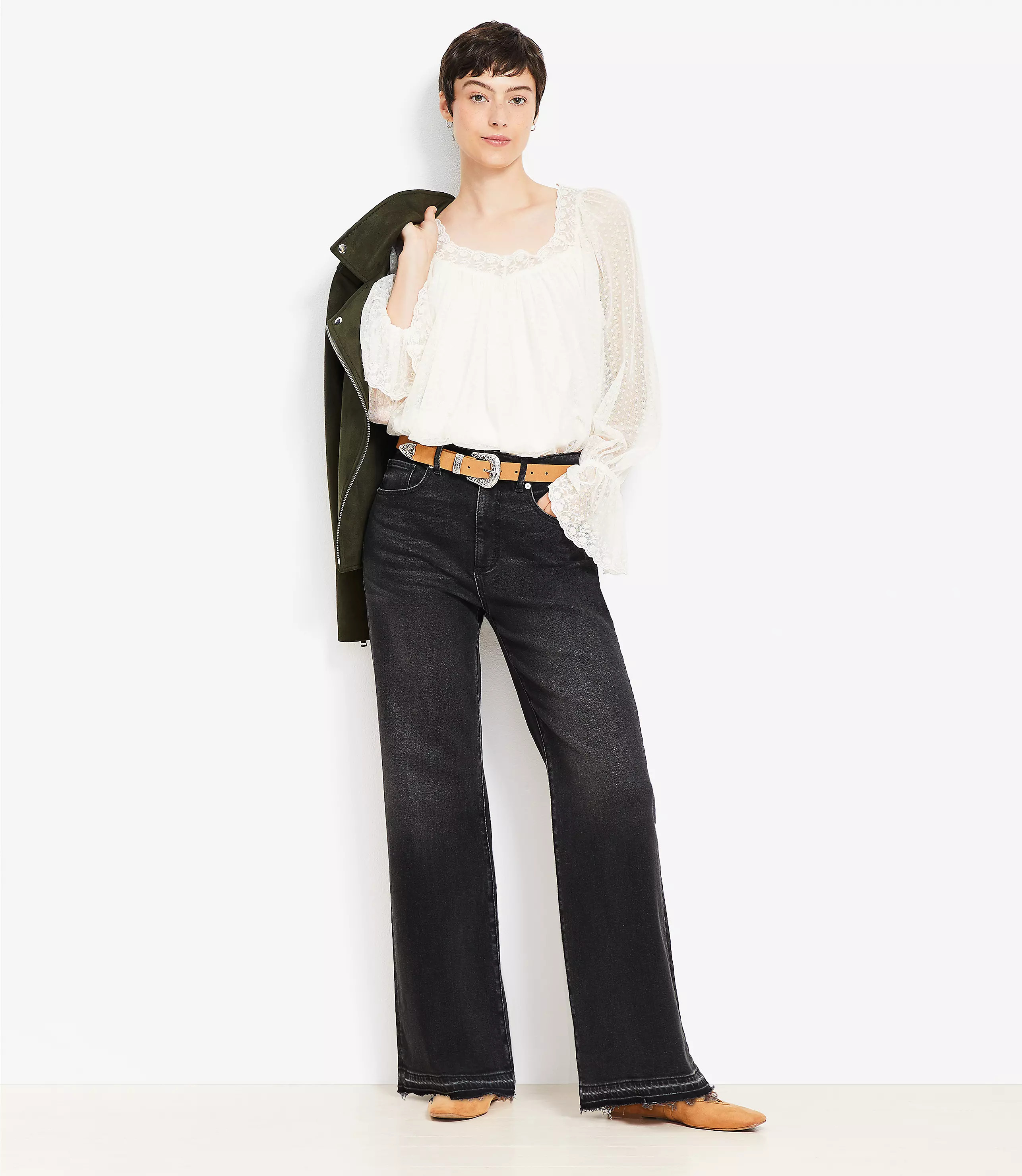 Unpicked Hem High Rise Wide Leg Jeans in Washed Black | LOFT