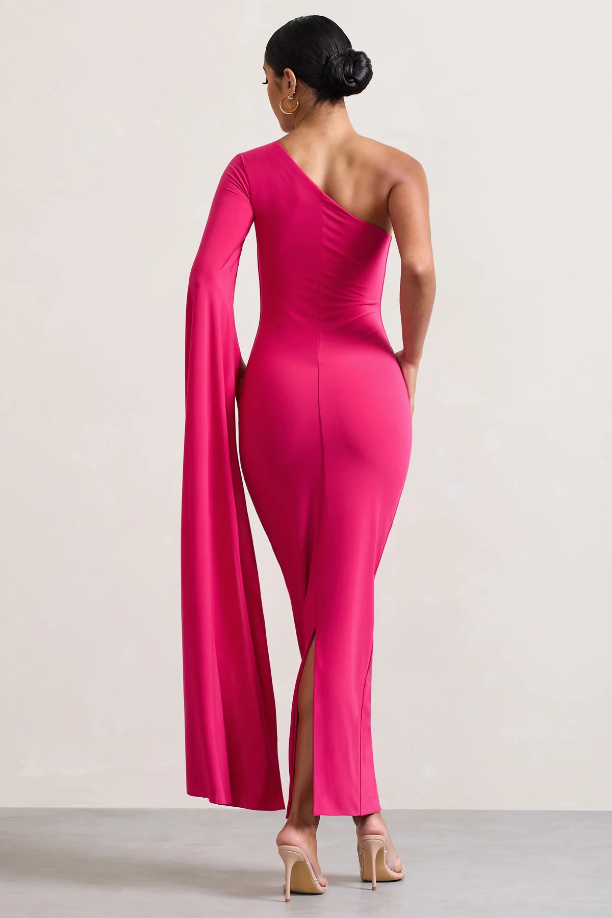Dominique | Hot Pink One Shoulder Cape Sleeve Bodycon Maxi Dress | Club L London