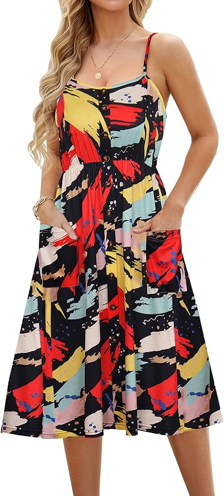 Summer Casual Dresses for Women with Pockets Beach Floral Spaghetti Strap Swing Dress | Amazon (US)