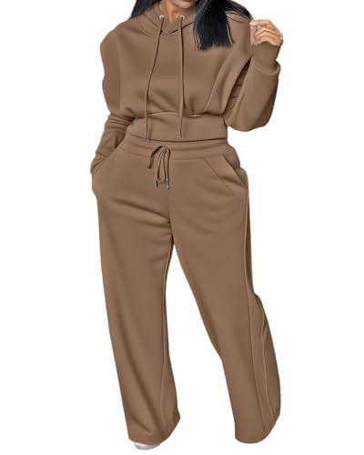 CHICME Womens 2 Piece Outfits Cropped Hooded Long Sleeve Sweatshirt and Wide Leg Sweatpants Set Sweatsuit Tracksuit | Amazon (US)