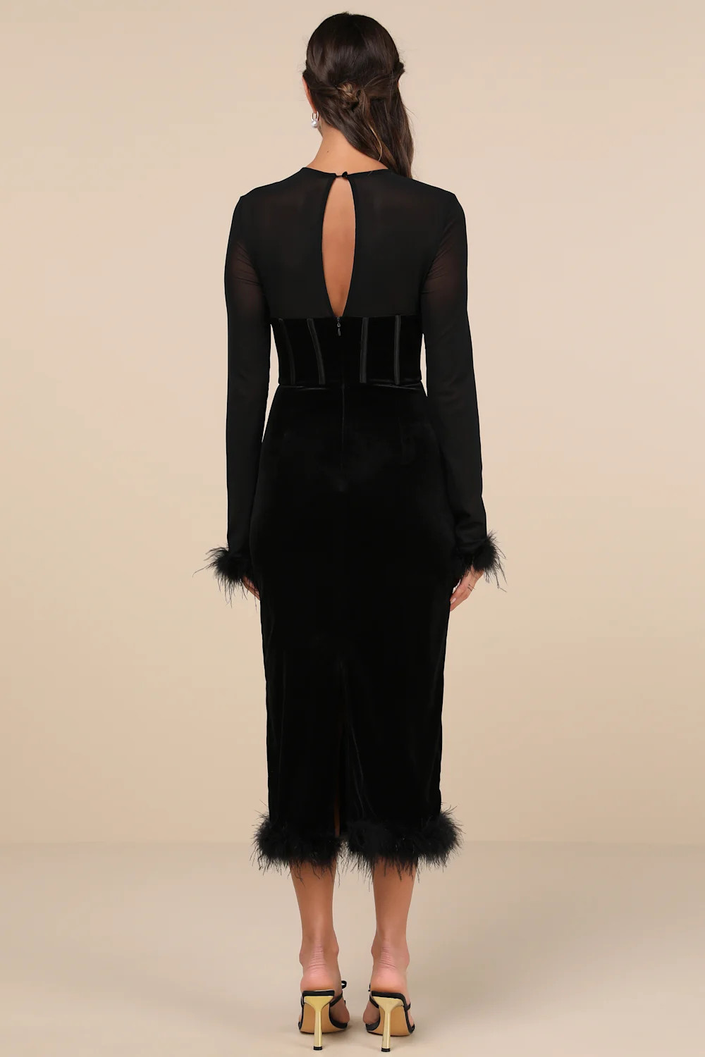 Sensational Situation Black Velvet Feather Bustier Midi Dress | Lulus