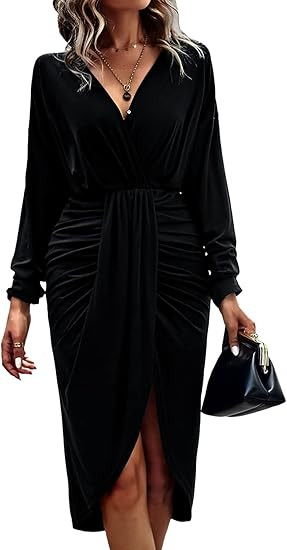 PRETTYGARDEN Women's Ruched Wrap Dress Long Sleeve V Neck Split Hem Draped Front Midi Bodycon Dre... | Amazon (US)