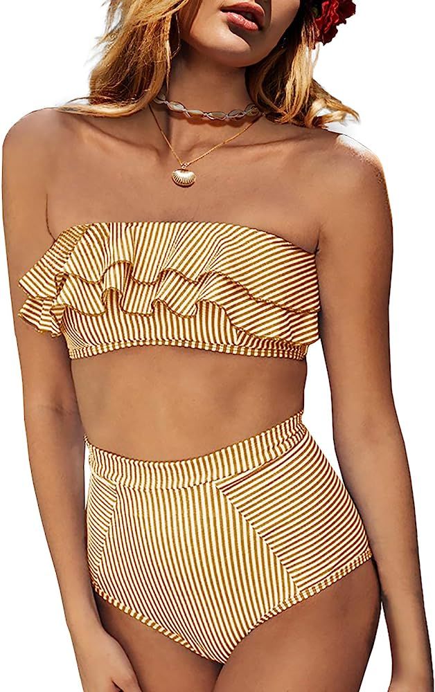 Saodimallsu Women High Waisted 2 Piece Bikini Set Bandeau Ruffle Swimsuit Top Striped Bathing Suits | Amazon (US)