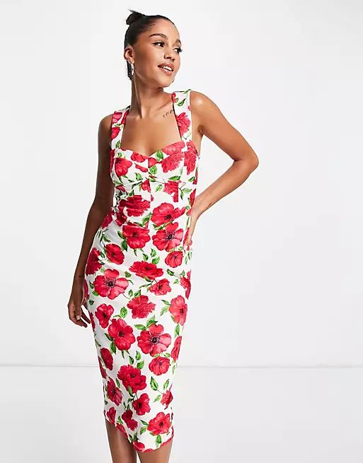 ASOS DESIGN sweetheart cupped ruched midi body-conscious dress in floral print | ASOS (Global)