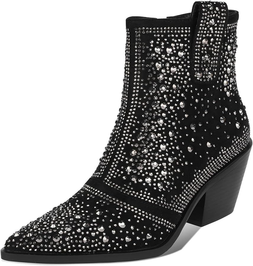 ISNOM Rhinestone Cowboy Boots Sparkly Ankle Boots with Pointed Toe and Chunky Heel Design | Amazon (US)