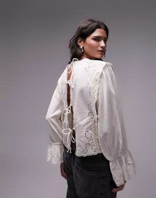 Topshop cutwork frill blouse in cream | ASOS (Global)
