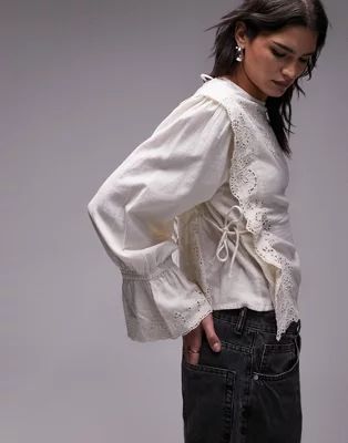 Topshop cutwork frill blouse in cream | ASOS (Global)