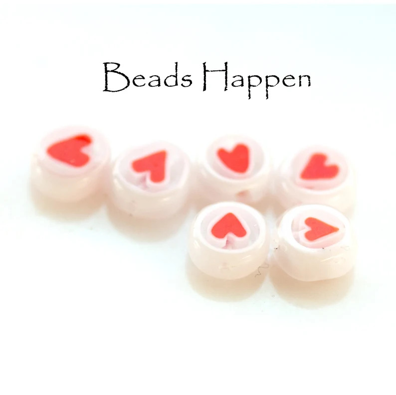 8mm Heart Millefiori Coin Beads, White with Red Hearts Heart, Glass Beads Bead, Cane Glass Beads,... | Etsy (US)