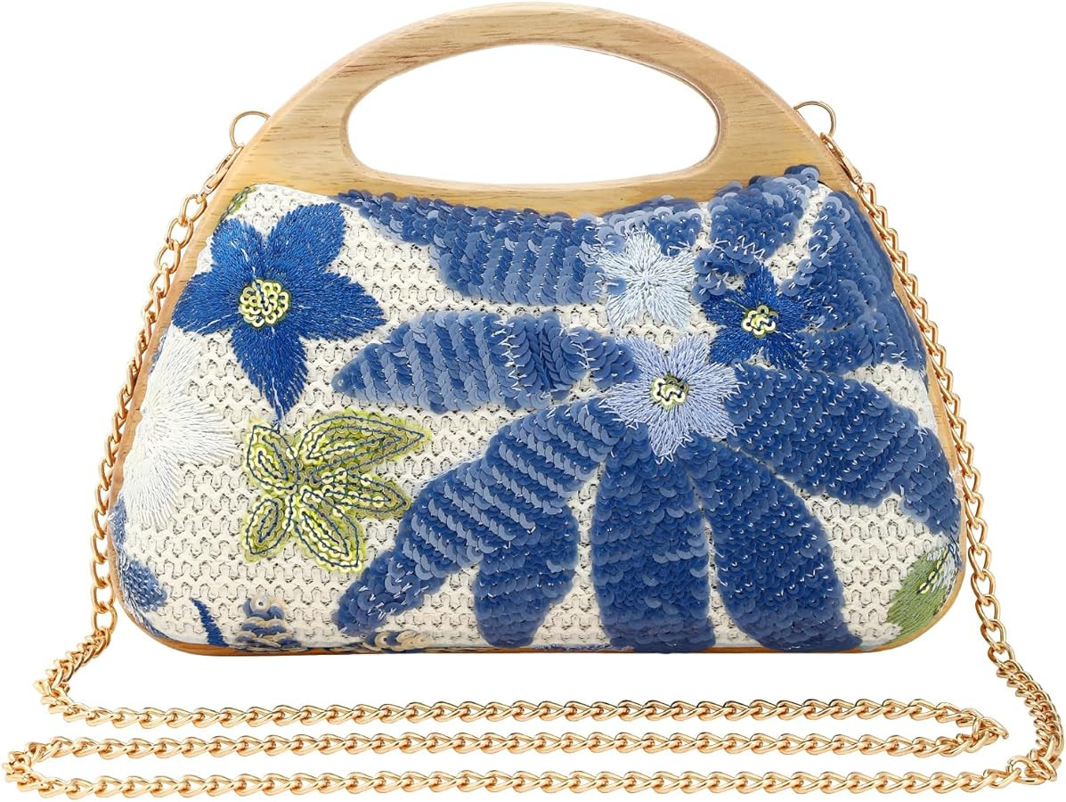 Straw Crossbody Bag for Women Summer Clutch Purse Wooden Handle Evening Handbag for Wedding Party | Amazon (UK)