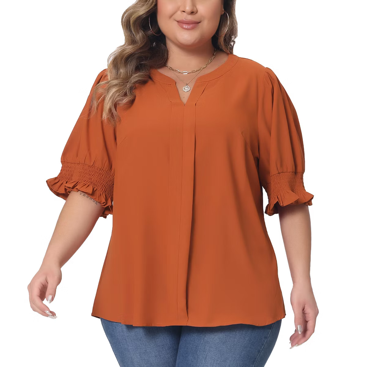 Agnes Orinda Women's Plus Size V Neck Puff Ruffle Sleeves Dressy Casual Summer Blouse Orange 2X | Target