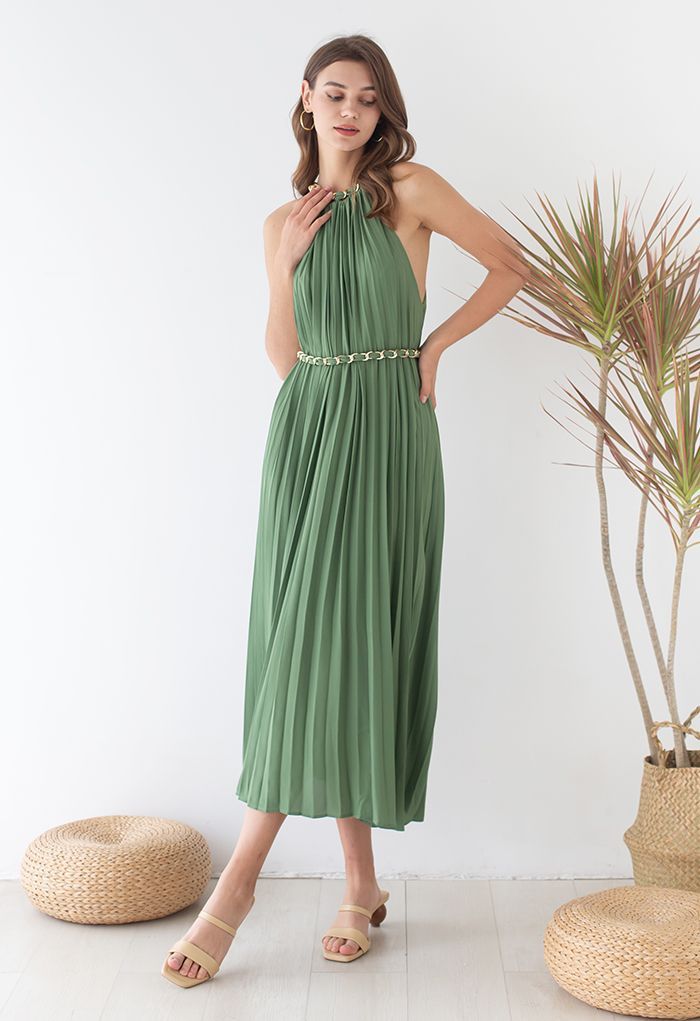 Golden Chain Halter Neck Pleated Maxi Dress in Green | Chicwish