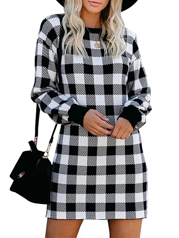 LilyLLL Christmas Women Plaid Check Print Long Sleeve Loose Sweatshirt Pullover Dress | Walmart (US)