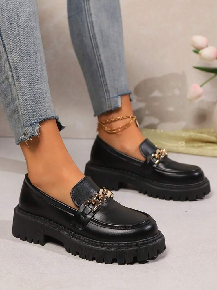 Mocasines Oxford con plataforma, accent de cadena, acabado mate, suela gruesa impermeable, zapato... | SHEIN