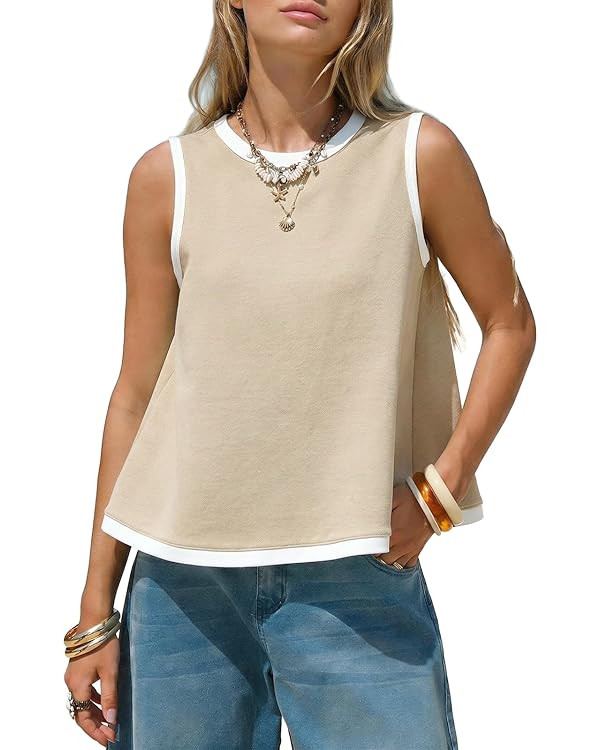 EXLURA Women Summer Sleeveless Tops 2026 Casual Cotton Tank Tops Color Block Crewneck Blouses Goi... | Amazon (US)