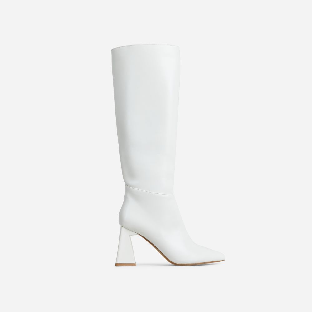 Chatterbox Pointed Toe Sculptured Block Heel Knee High Long Boot In White Faux Leather | EGO Shoes (US & Canada)