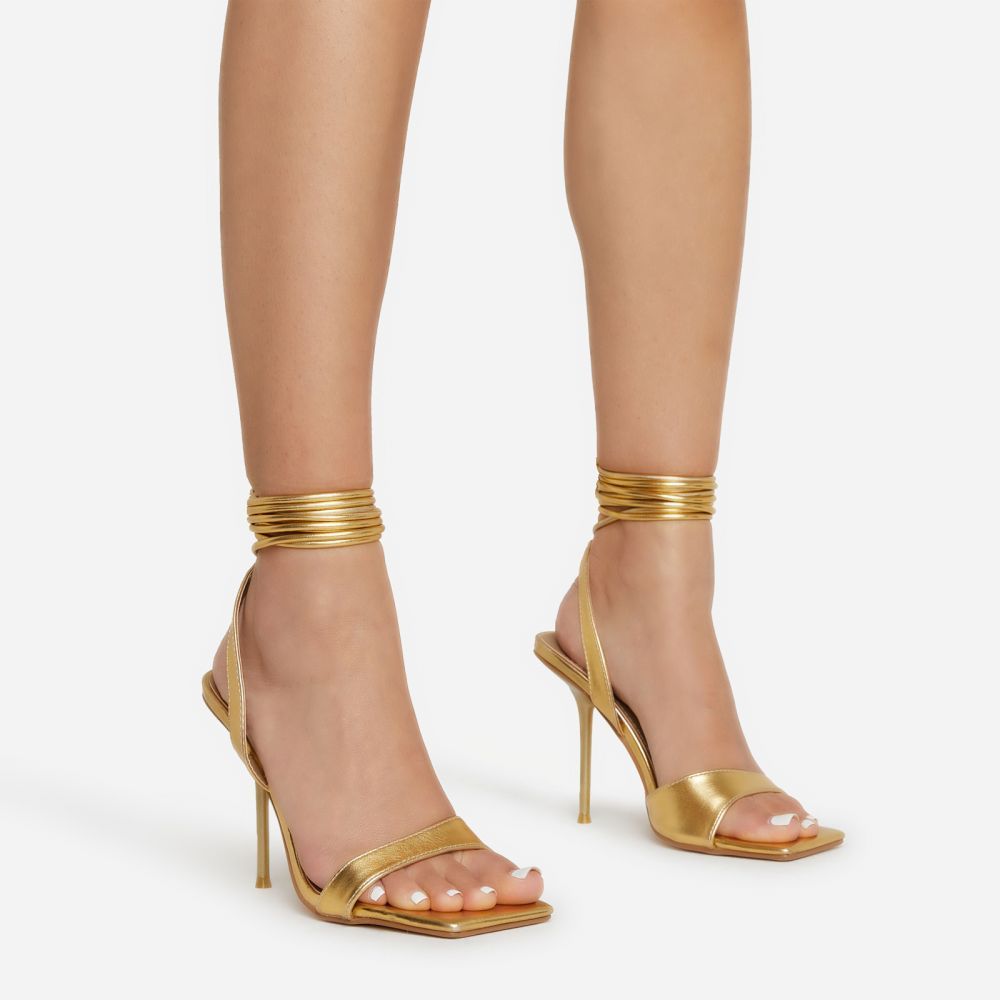 Tonka Lace Up Square Toe Thin Stiletto Heel In Gold Metallic Faux Leather | EGO Shoes (US & Canada)