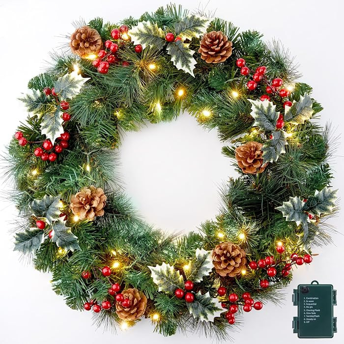 24 Inch Prelit Christmas Wreath for Front Door, Battery Operated LED Christmas Wreath with Pine N... | Amazon (US)