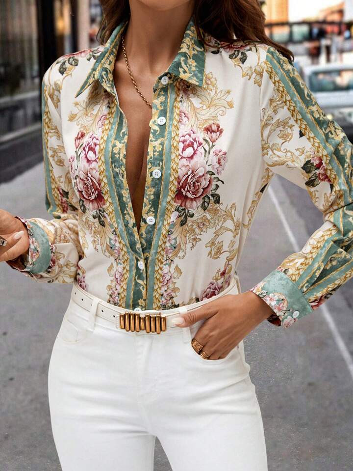 SHEIN Clasi Women's Elegant Floral Print Long Sleeve Blouse | SHEIN