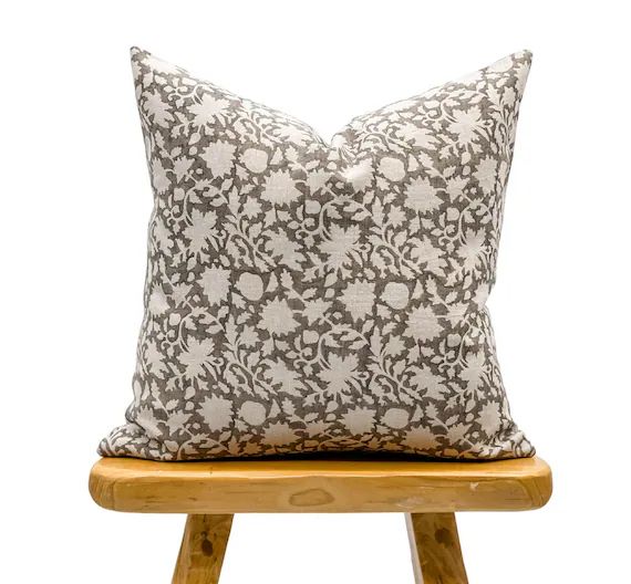 Designer Floral Soft Beige Grey on Natural Linen Pillow Cover - Etsy | Etsy (US)