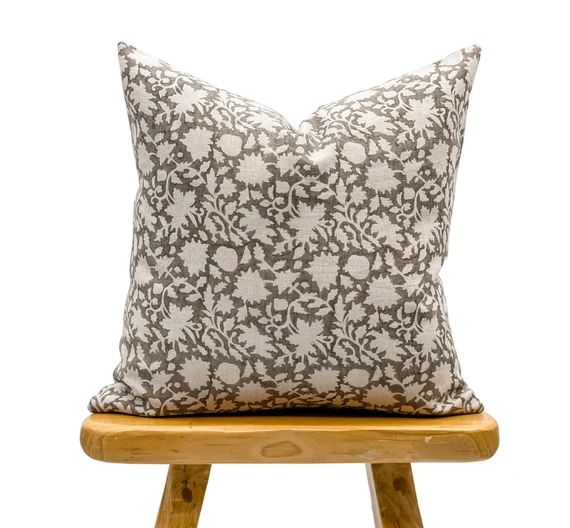 Designer Floral Soft Beige Grey on Natural Linen Pillow Cover, Grey Pillow cover, Boho Pillow, De... | Etsy (US)
