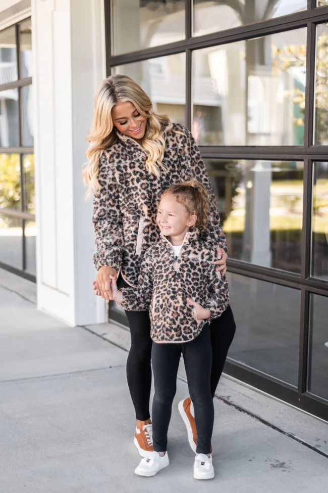 Around The Clock Kids Brown Animal Print Quarter Zip Sherpa Pullover FINAL SALE | The Pink Lily Boutique