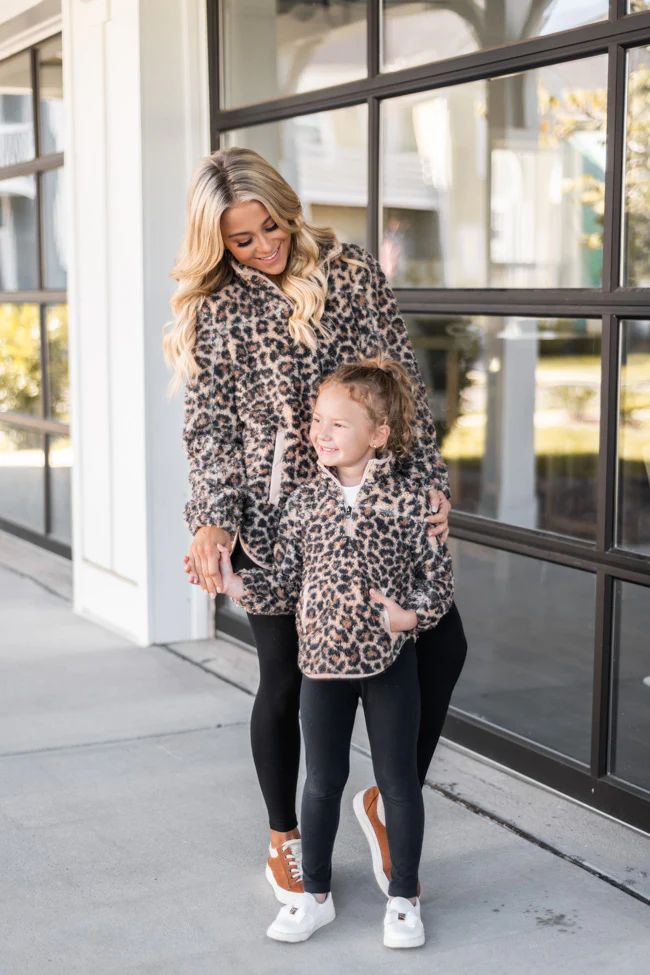 Around The Clock Kids Brown Animal Print Quarter Zip Sherpa Pullover | The Pink Lily Boutique