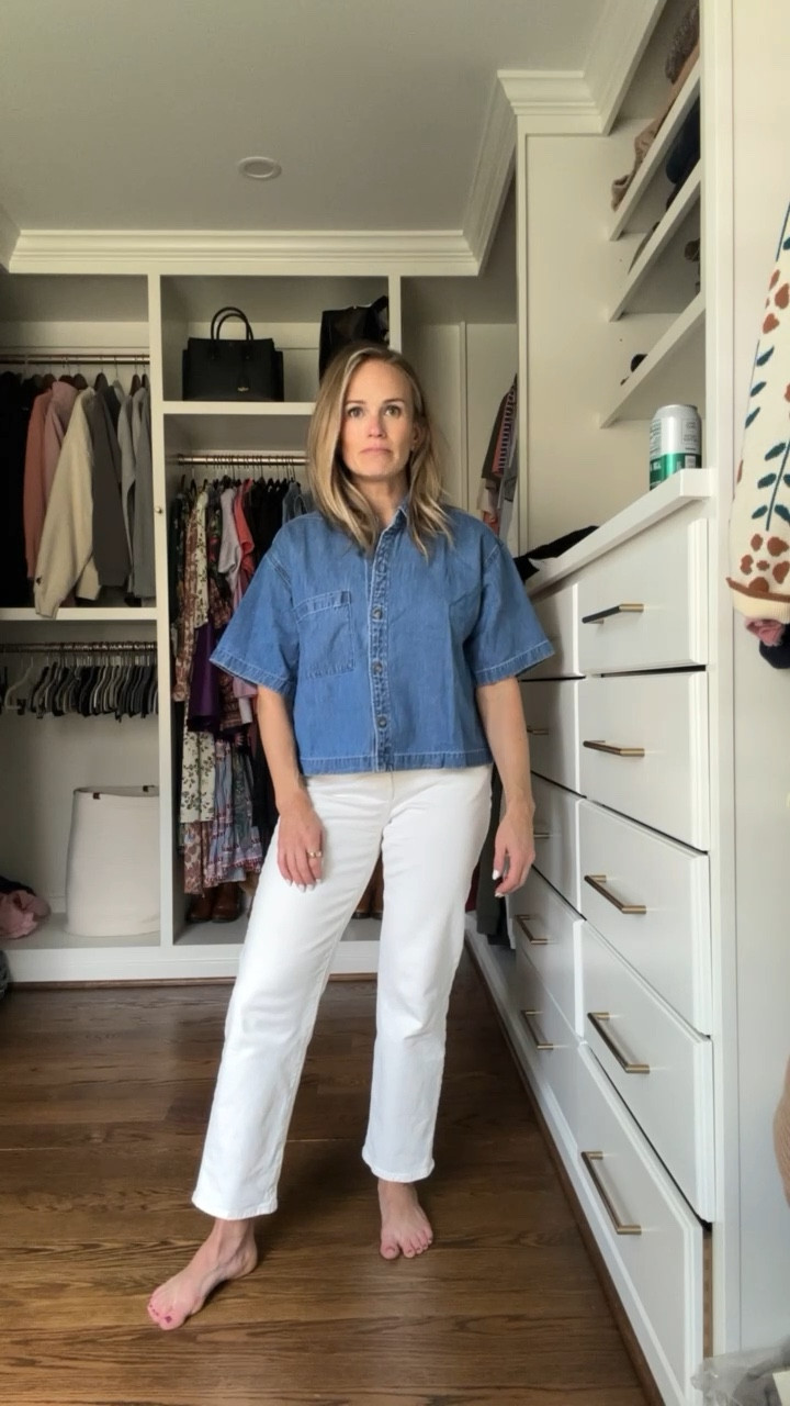 Cropped denim shirts size M. Not my favorite!!! Sizes 25 petite in the white jeans from Madewell. 

#LTKSeasonal #LTKstyletip