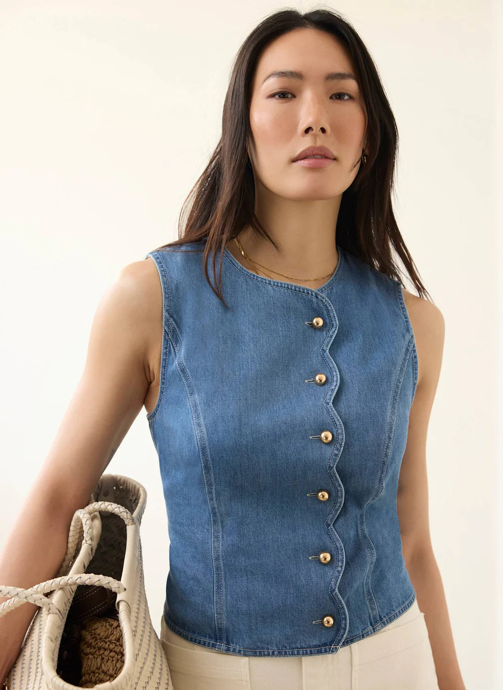 Indigo Denim Scallop Detail Waistcoat | Mint Velvet