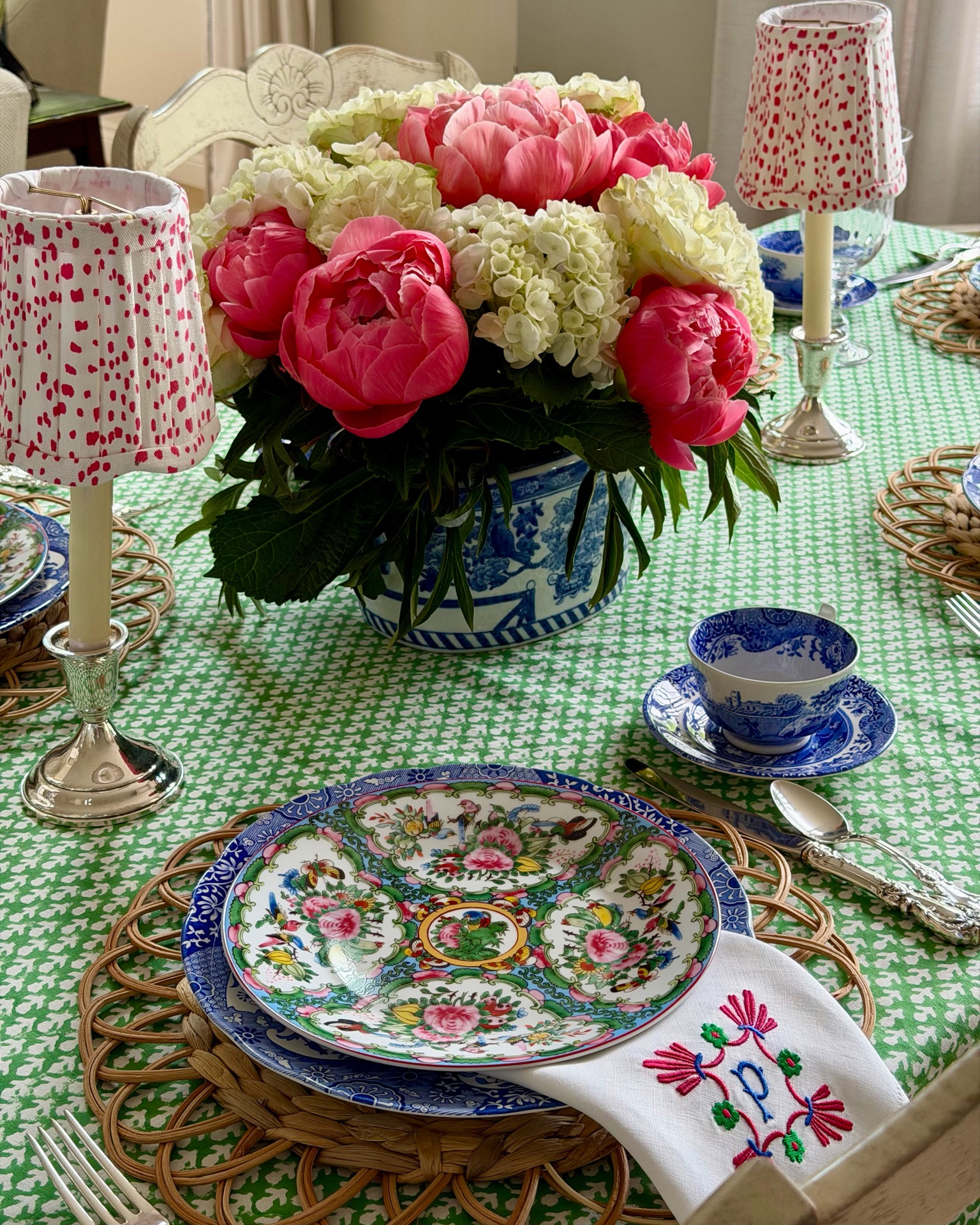 Beautiful summer tablescape using @Williams-Sonoma famille rose and Spode Blue Italian.  I love peony season and had so much fun putting together the centerpiece.