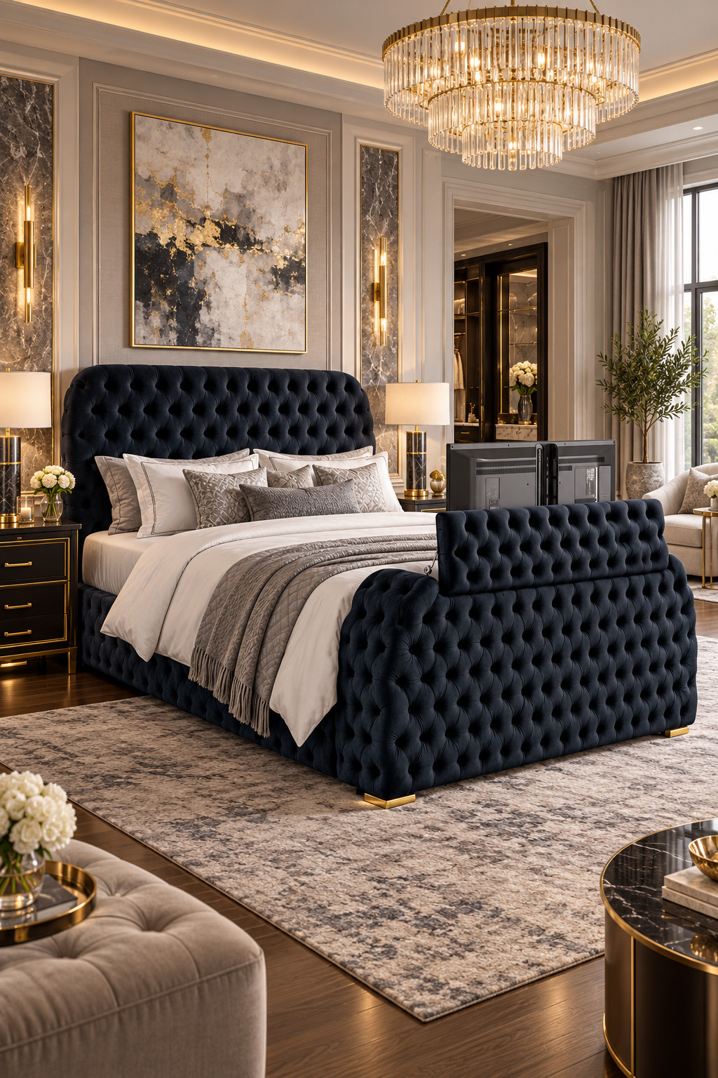 If you love a bedroom that feels a little extra, this is such a fun one. The deep black tufted upholstery already gives major glam energy, and the TV/storage setup makes it feel almost like a full bedroom system instead of just a bed. I can totally see this in a large primary bedroom with warm lighting, cream bedding, and gold or marble accents. It’s dramatic, practical, and definitely not something you see in every bedroom. #WayfairFinds #BlackBed #TuftedBed #LuxuryBedroom #PrimaryBedroom #BedroomGoals #ModernGlam 

 #LTKSeasonal #LTKHome #LTKSaleAlert