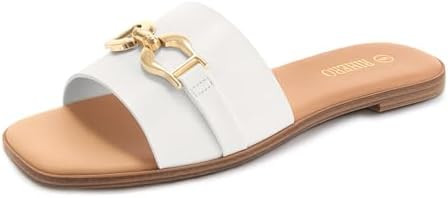 Rihero Women's Flat Sandals Summer Comfortable Square Open Toe Slip On Leather Slide Sandals | Amazon (US)