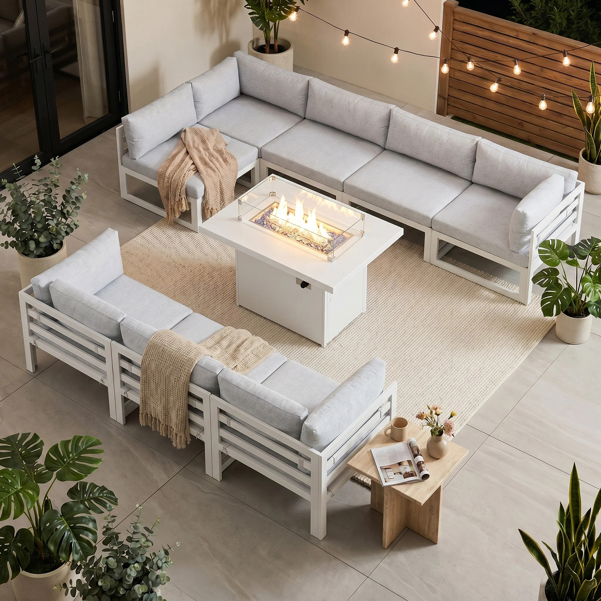 Anevaeh 8 - Person Outdoor Patio Aluminum Furniture Set with Firepit Tables and Cushions | Wayfair North America
