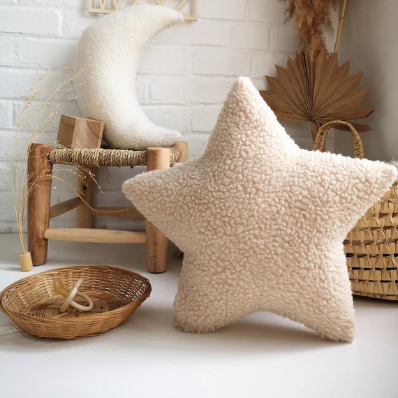 Beige Faux fur star decorative pillow, baby moon pillow, kids room pillow, nursery pillow, beige ... | Etsy (US)