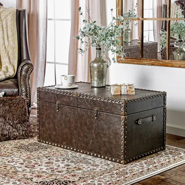 Furniture of America Kuff Rustic Brown Leatherette Storage Trunk | Bed Bath & Beyond