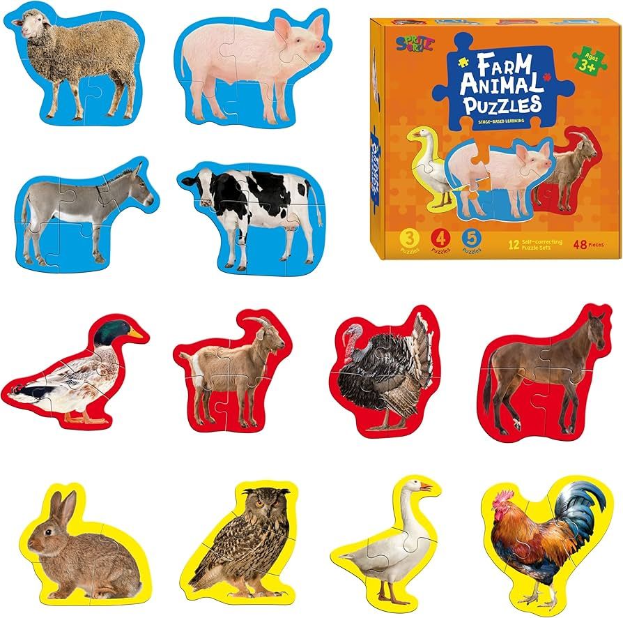 12 Pack Realistic Animal Puzzles, 48 Pieces Step-by-Step Animal Jigsaws, Farm Animal Jigsaw Puzzl... | Amazon (US)