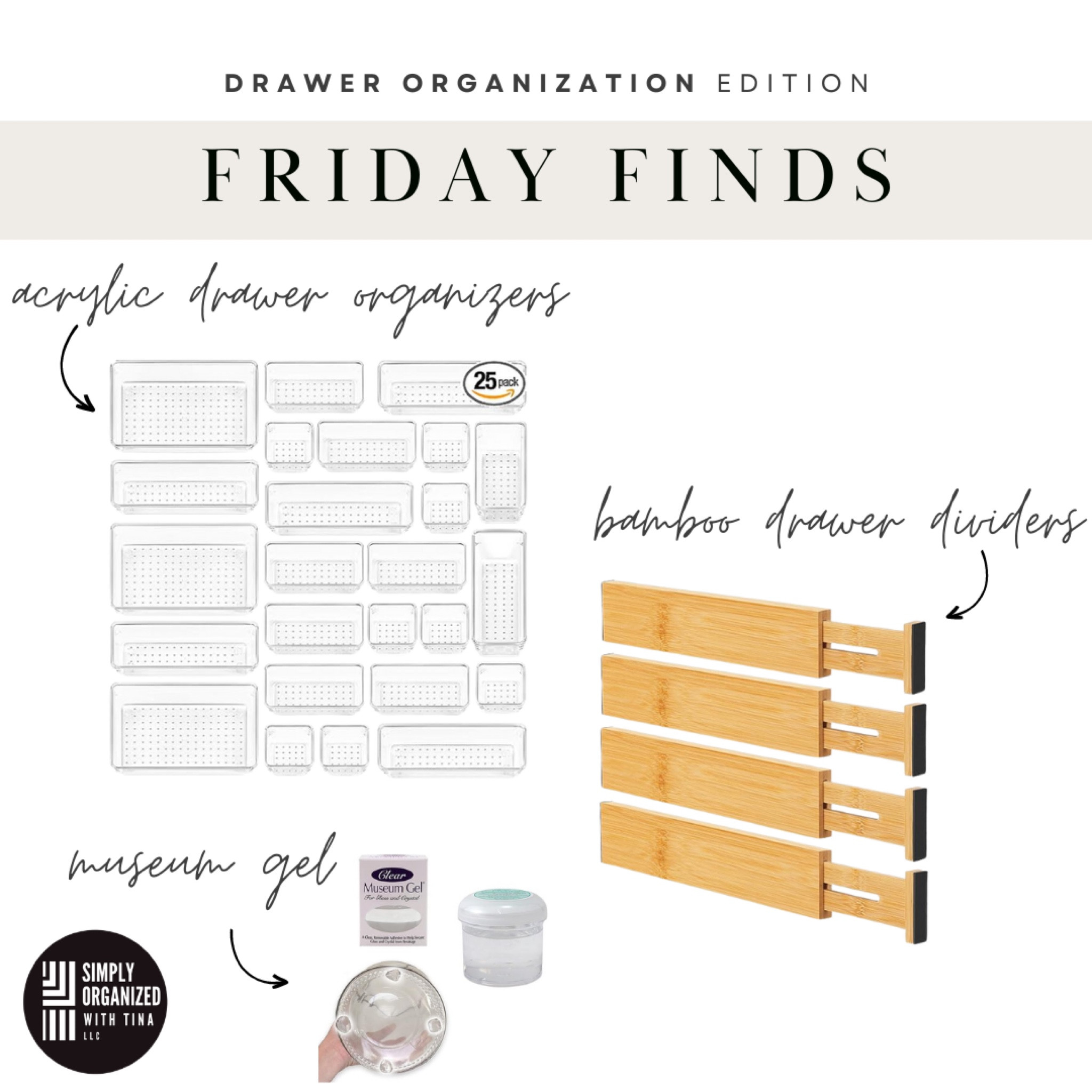 Always having trouble finding items in your kitchen or bathroom drawers? Give every item a home by using drawer organizers or dividers. Organized drawers make it easy to find what you need when you need it, whether its products when getting ready in the morning or utensils while cooking a meal.

Here are some of our favorites that will make your drawers both functional and stylish:
▪️Acrylic drawer organizers- Drawer organizers provide structure and allow you to incorporate multiple categories within one drawer. Easily sort and contain smaller items. Great for desk and bathroom vanity drawers.
▪️Bamboo drawer dividers- Dividers also provide structure so you can maintain order and ensure items remain organized. Perfect for drawers in kitchens, pantries, and bathrooms.
▪️Museum gel- Use to keep drawer organizers in place from sliding around in our drawers; easy to remove and reposition and doesn't leave residue behind.

#LTKhome #LTKstyletip #LTKfamily