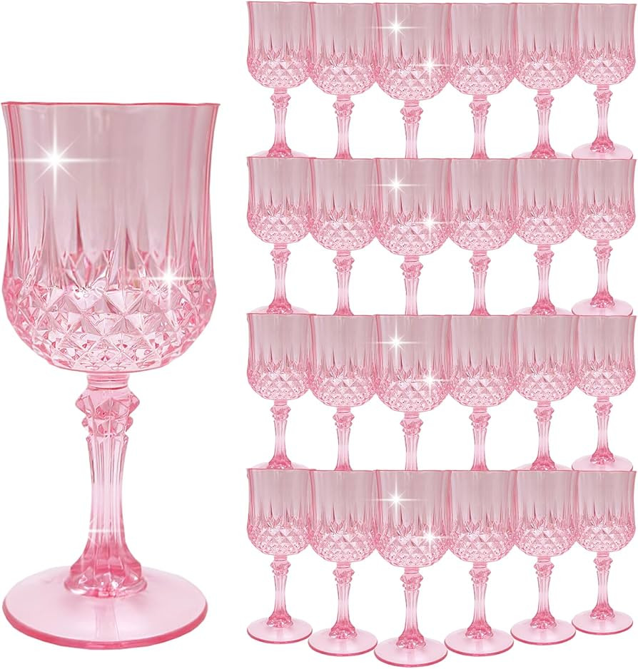 24PCS Pink Plastic Wine Glasses，Plastic Goblets Vintage Style Cordial Glasses Drinking Glasses ... | Amazon (US)