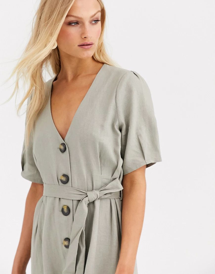 Soaked In Luxury button thru linen dress-Stone | ASOS (Global)