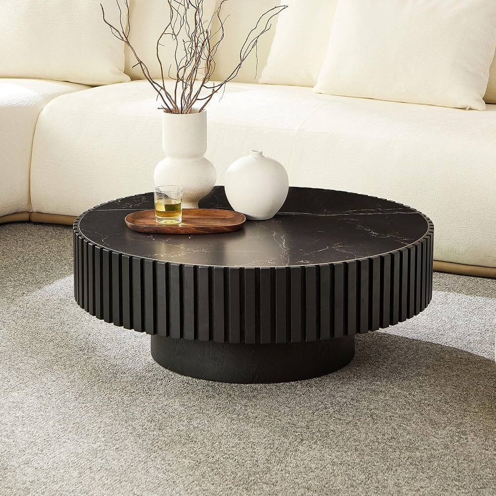 Round Coffee Table 35.43'' Circle Sintered Stone Tabletop Modern Wood Fluted Coffee Table for Liv... | Amazon (US)
