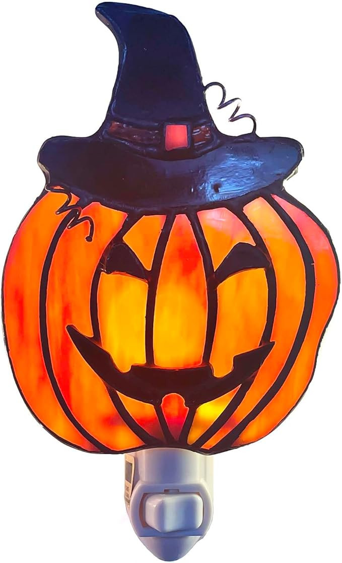 Bieye L13009 Pumpkin Night Light, Tiffany Style Stained Glass Plug-in Wall Lamp with Witch Hat, H... | Amazon (US)